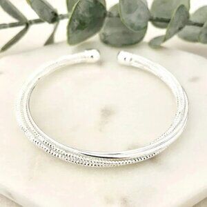 925 Sterling Silver Cuff Bracelet Silver Bangle Shiny Modern Textured Cuff